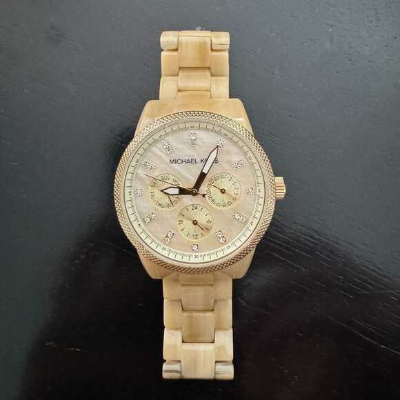 EUC Michael Kors Faux Horn Mother Of Pearl Dial Jet Set Watch Beige Gold Tone - Picture 1 of 4